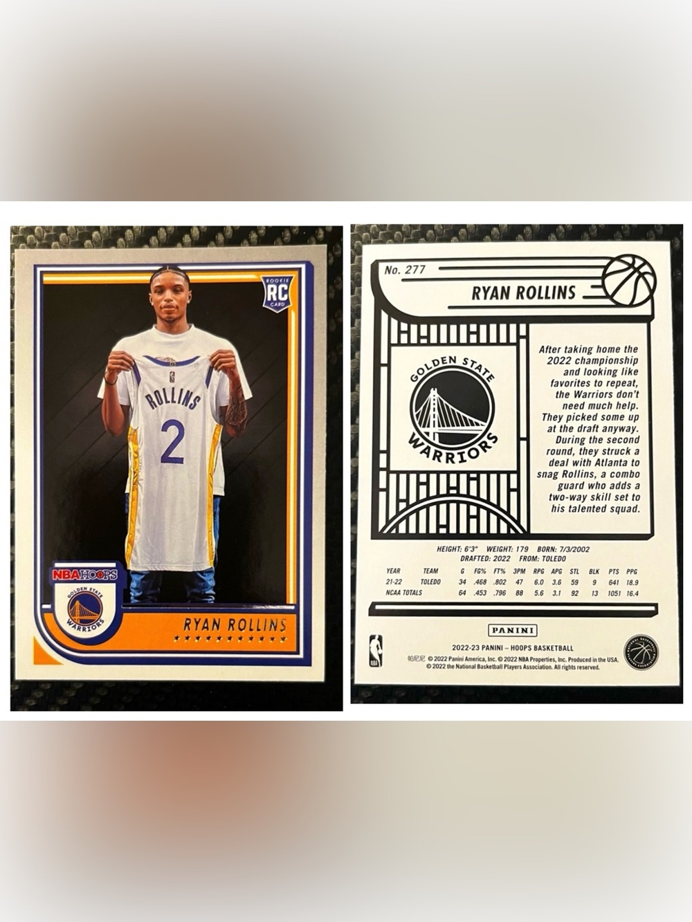 Golden State Warriors 2022 Ryan Rollins Panini No. 277 NBA Rookie Trading Card